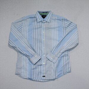 Nick(It) Men Blue Stripes Shirt Dress Shirt Casual  Long Sleeve Size Large